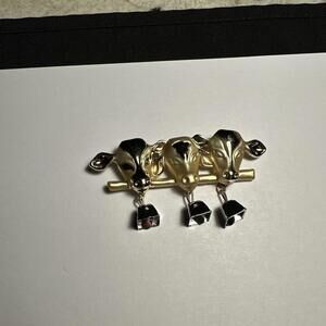 Signed AJC Cows With Bell Charms Brooch Pin Gold Tone Metal